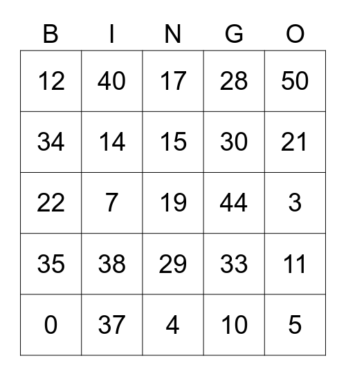 Numbers 0-50 Bingo Card
