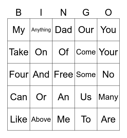 Sight Word Bingo Card