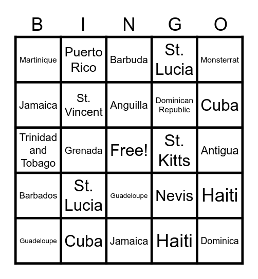 ISLANDS IN THE CARIBBEAN Bingo Card