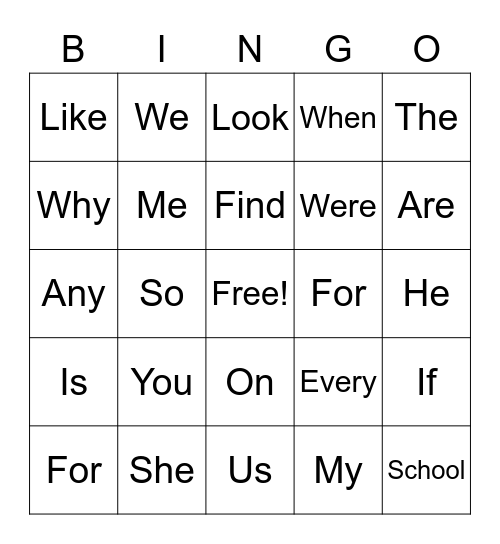 Sight Word Bingo Card