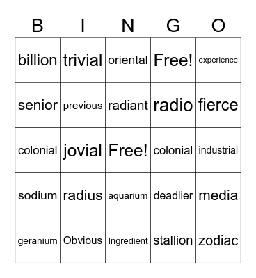 Baker Bingo Card