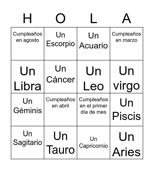 HOLA Bingo Card