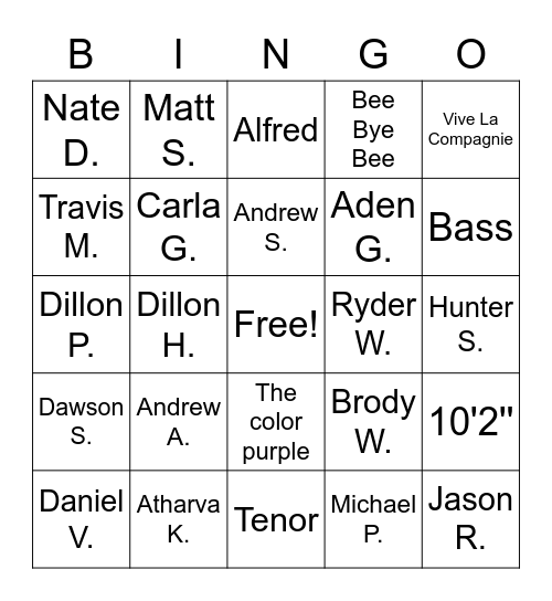 Guy's Chorus Bingo Card