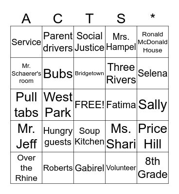 A.C.T.S. 2014-2015 Bingo! Bingo Card