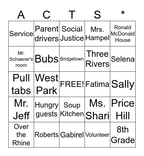 A.C.T.S. 2014-2015 Bingo! Bingo Card