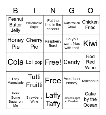 Food Songs Bingo Card