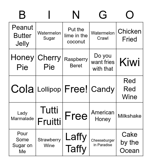 Food Songs Bingo Card