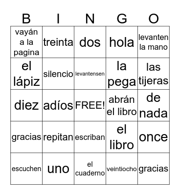 Classroom Commands, supplies, greetings and Numbers Bingo Card