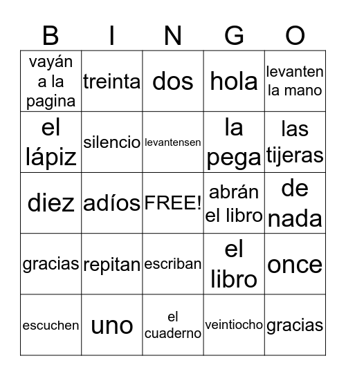 Classroom Commands, supplies, greetings and Numbers Bingo Card