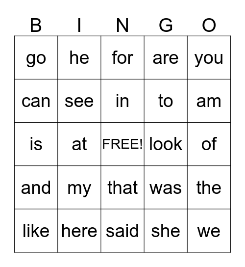 Sight Word Bingo Card