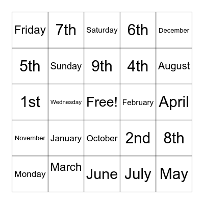 Days of Week/Months/Ordinal Numbers Bingo Card