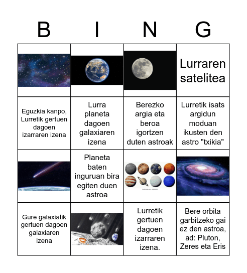 Unibertsoaeren osagaiak Bingo Card