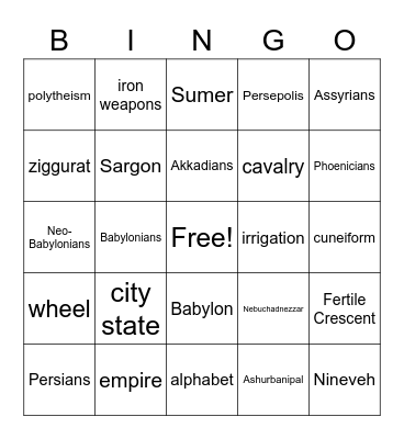 Mesopotamia Bingo Card