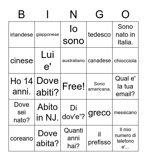 Percorsi 1 Bingo Card