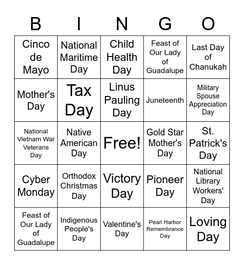 What's The Date Bingo Card