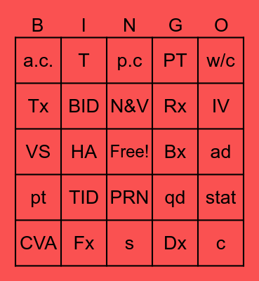 Medical Abbreviations Bingo Card