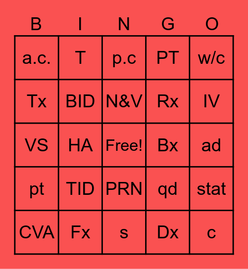 Medical Abbreviations Bingo Card