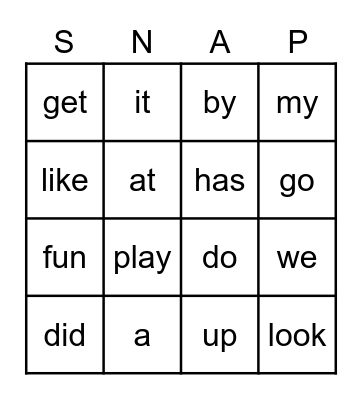 Snap Word Bingo! Bingo Card