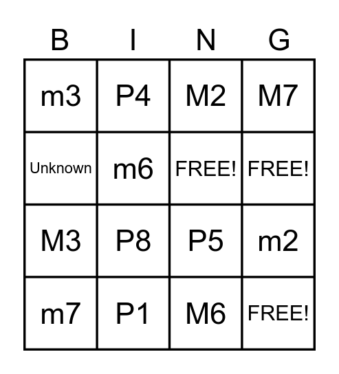 Music Theory Intervals Bingo Card