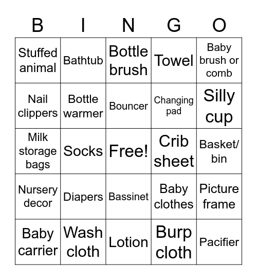 Amelia's Baby Shower Bingo Card