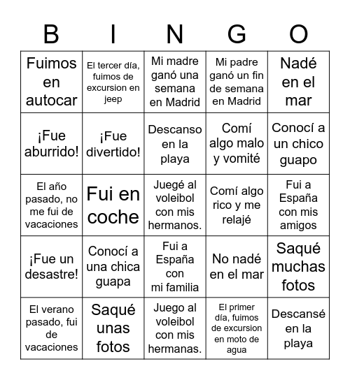 Vacaciones Bingo Card