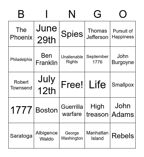 America: The Story of Us - Revolution Bingo Card