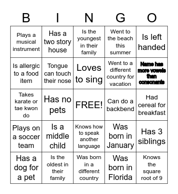 Get to know you Bingo Card