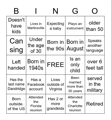 Dandridge Family Bingo Card
