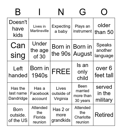 Dandridge Family Bingo Card