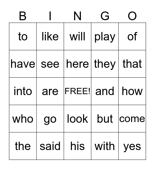 Sight Word Bingo Card