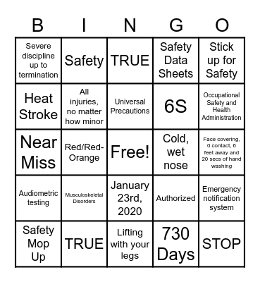 SAFETY FIRST Bingo Card