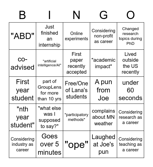 GroupLens Introductions Bingo Card