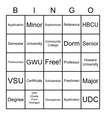 College Bingo Card