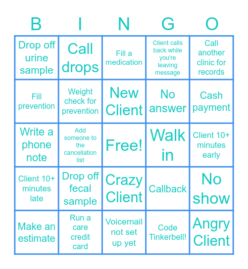 Vet Tech Week Bingo! Receptionist Edition! Bingo Card