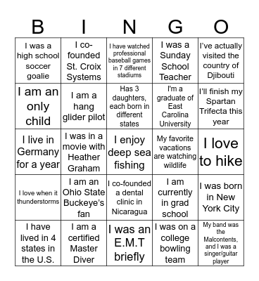 T&IC / Field Immersion Activity Bingo Card
