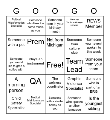 GOOGO Get-to-know-you! Bingo Card
