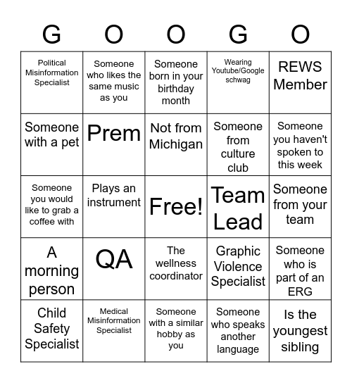 GOOGO Get-to-know-you! Bingo Card