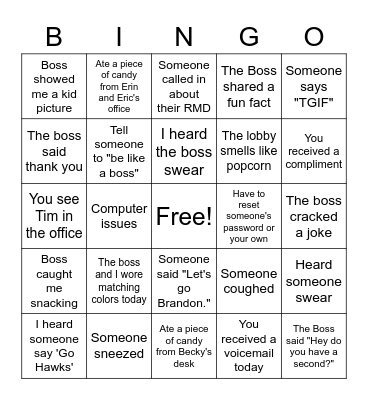 Boss's Day Bingo Card