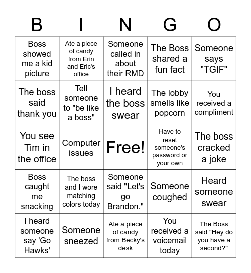 Boss's Day Bingo Card