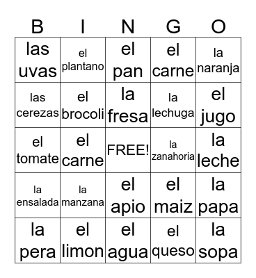 Comida (Food) Bingo Card