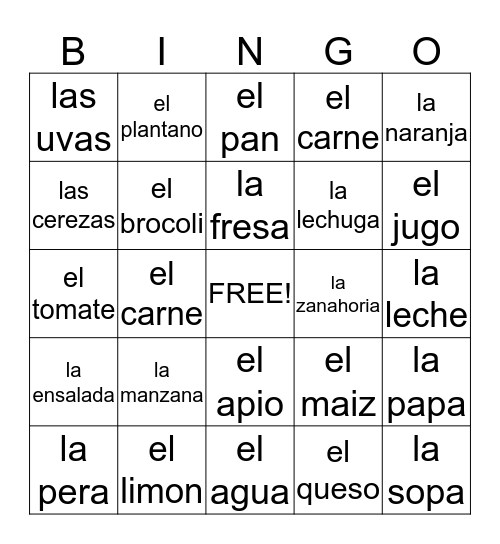 Comida (Food) Bingo Card