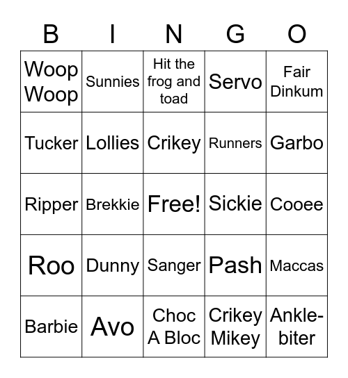 Aussie Bingo Card