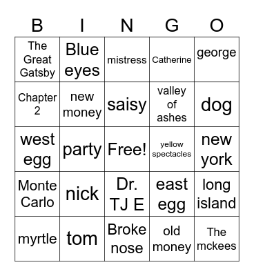 Gatsby, chapter 2 Bingo Card