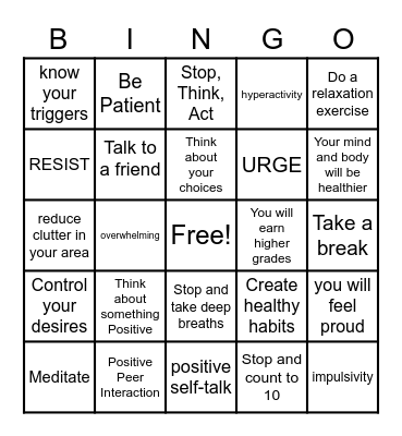 Self Control Bingo Card