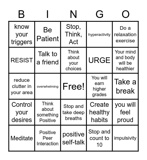 Self Control Bingo Card