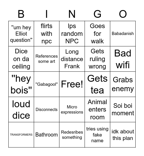 Frank Bingo Card