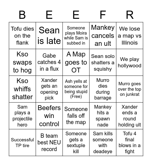 Beefers 10/15-10/16 Bingo Card