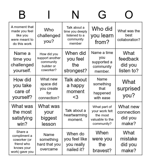 (Summer/Fall 2021) Community Reflection Bingo Card