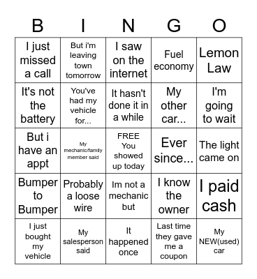 Service Bingo Card