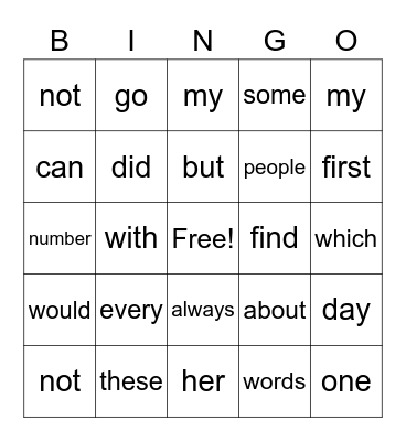 Sight words Bingo Card